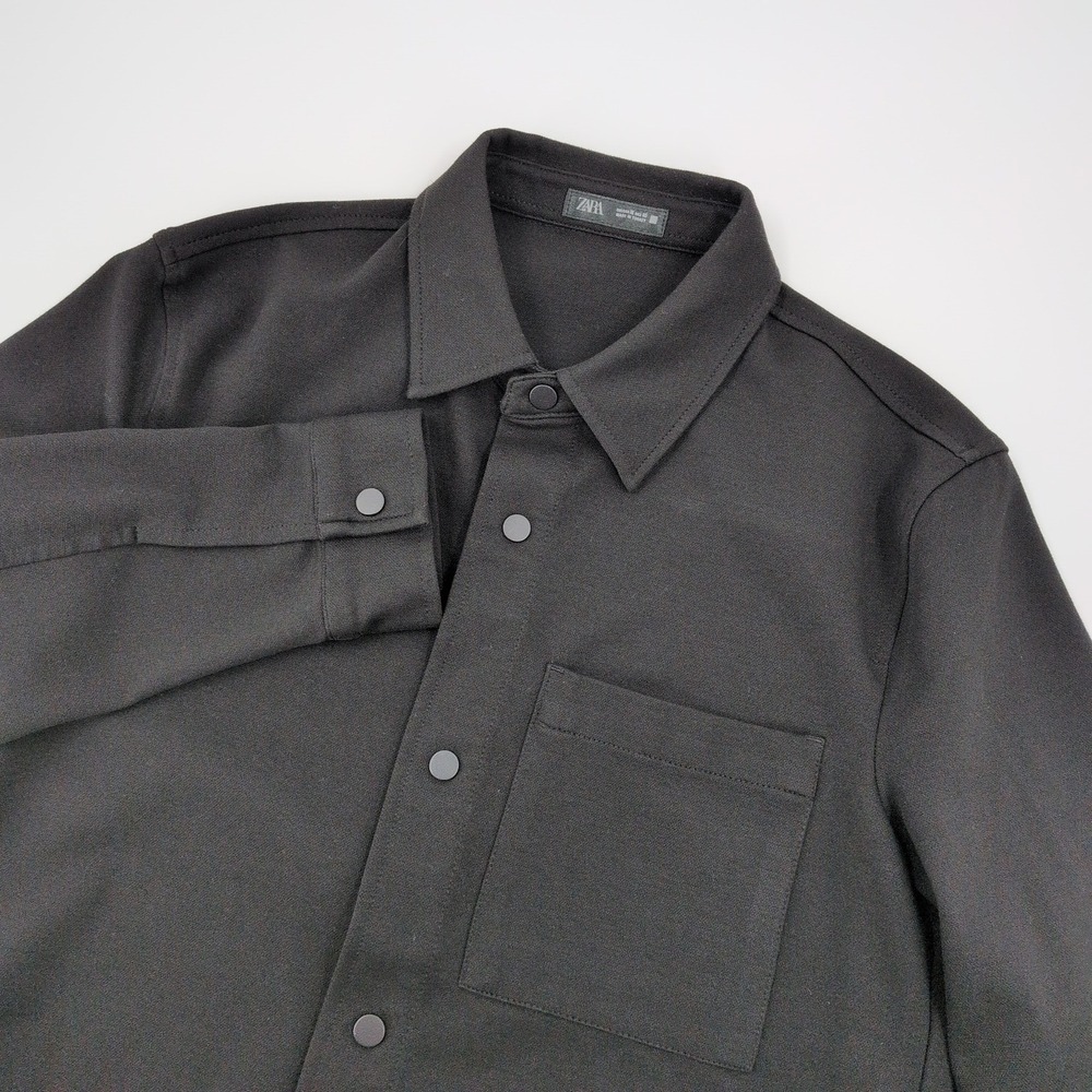ZARA Men Sz M Black Textured Snap Button Front Long Sleeve Overshirt Jacket Coat